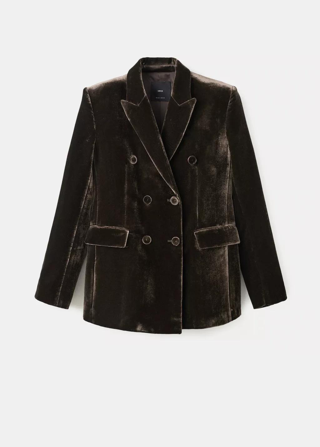 Brown Double-Breasted Velvet Suit Jacket, Dark Brown, large image number 7