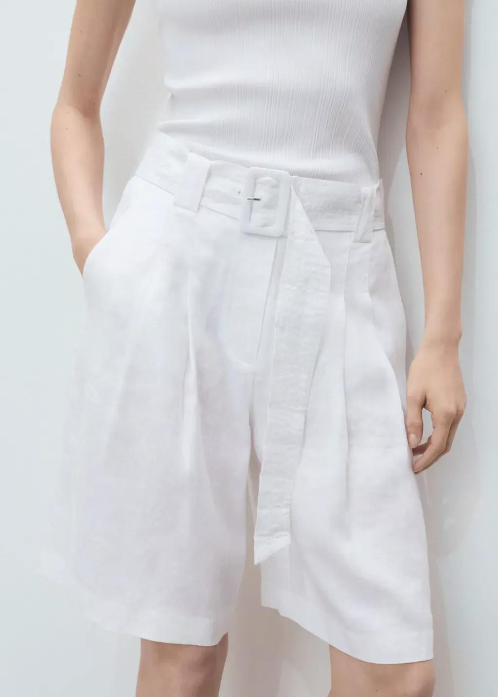 White Belt Linen-Blend Bermuda Shorts, , medium