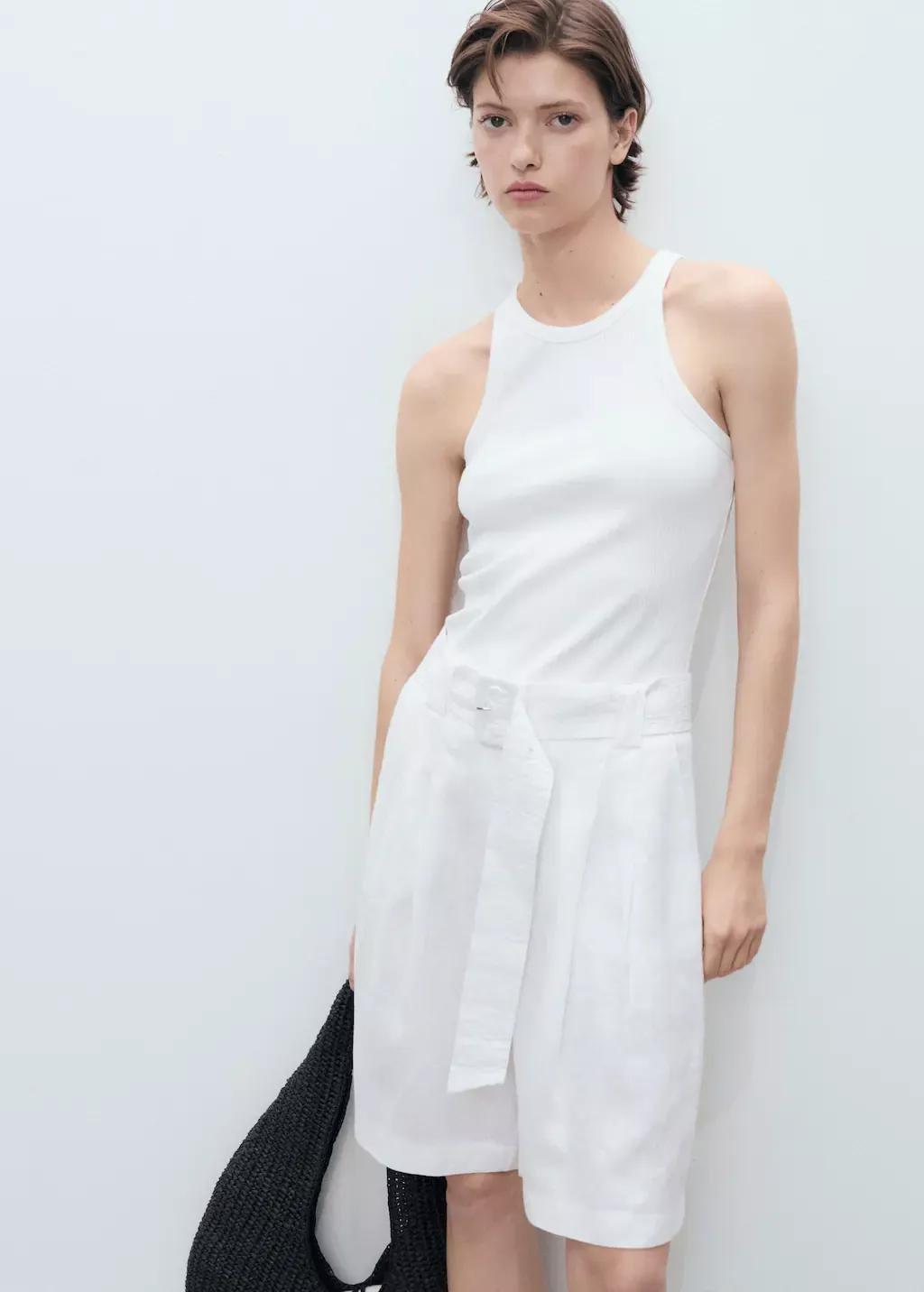 White Belt Linen-Blend Bermuda Shorts, , large image number 1