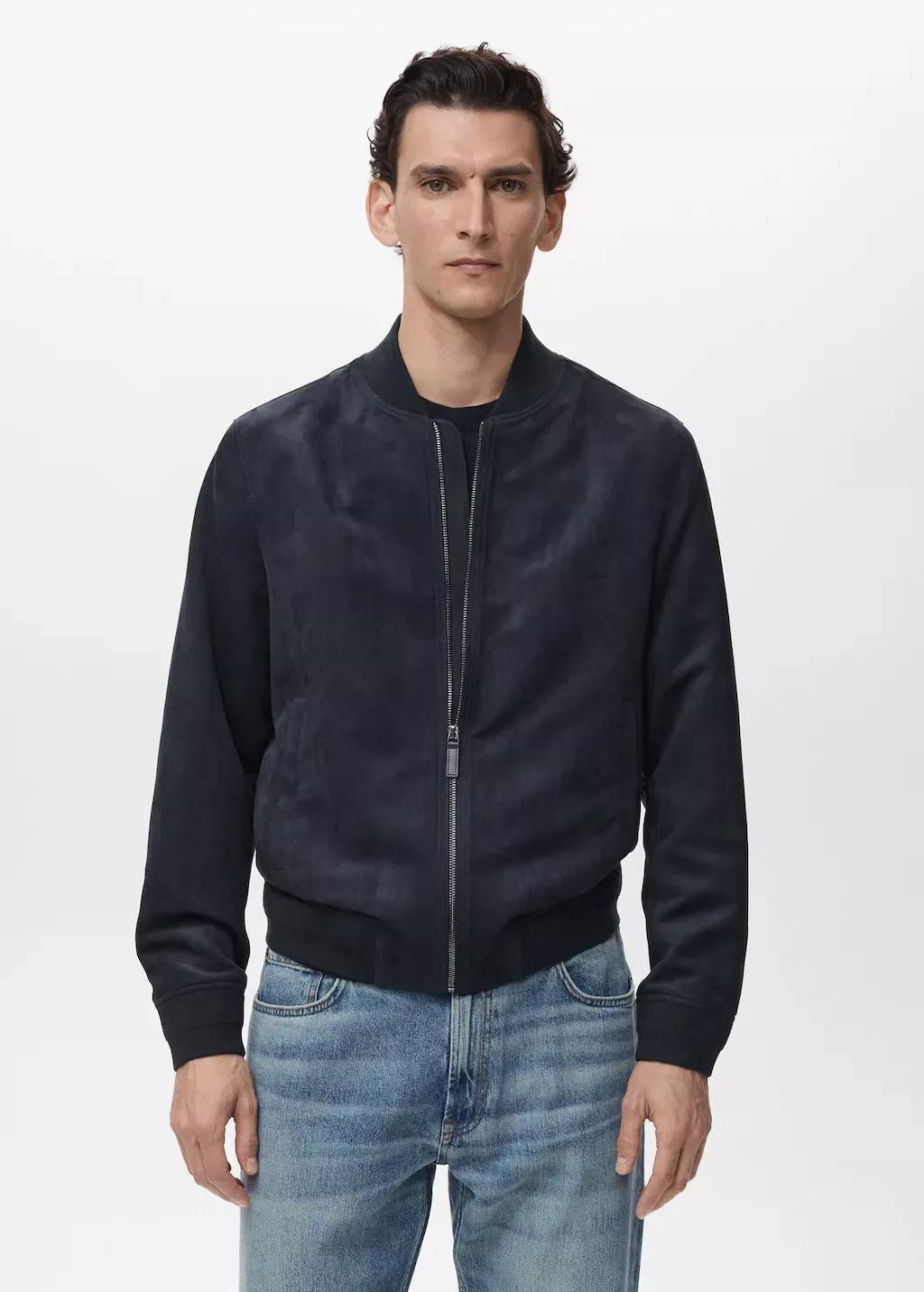 Navy Suede-Effect Bomber Jacket, Dark Blue, large image number 0