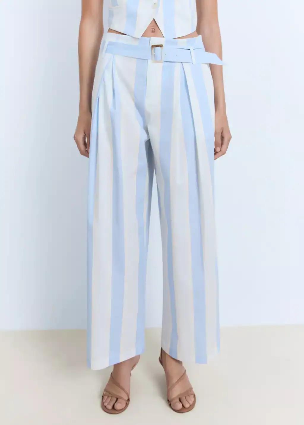 Blue Striped Culotte Trousers With Belt, , large image number 0