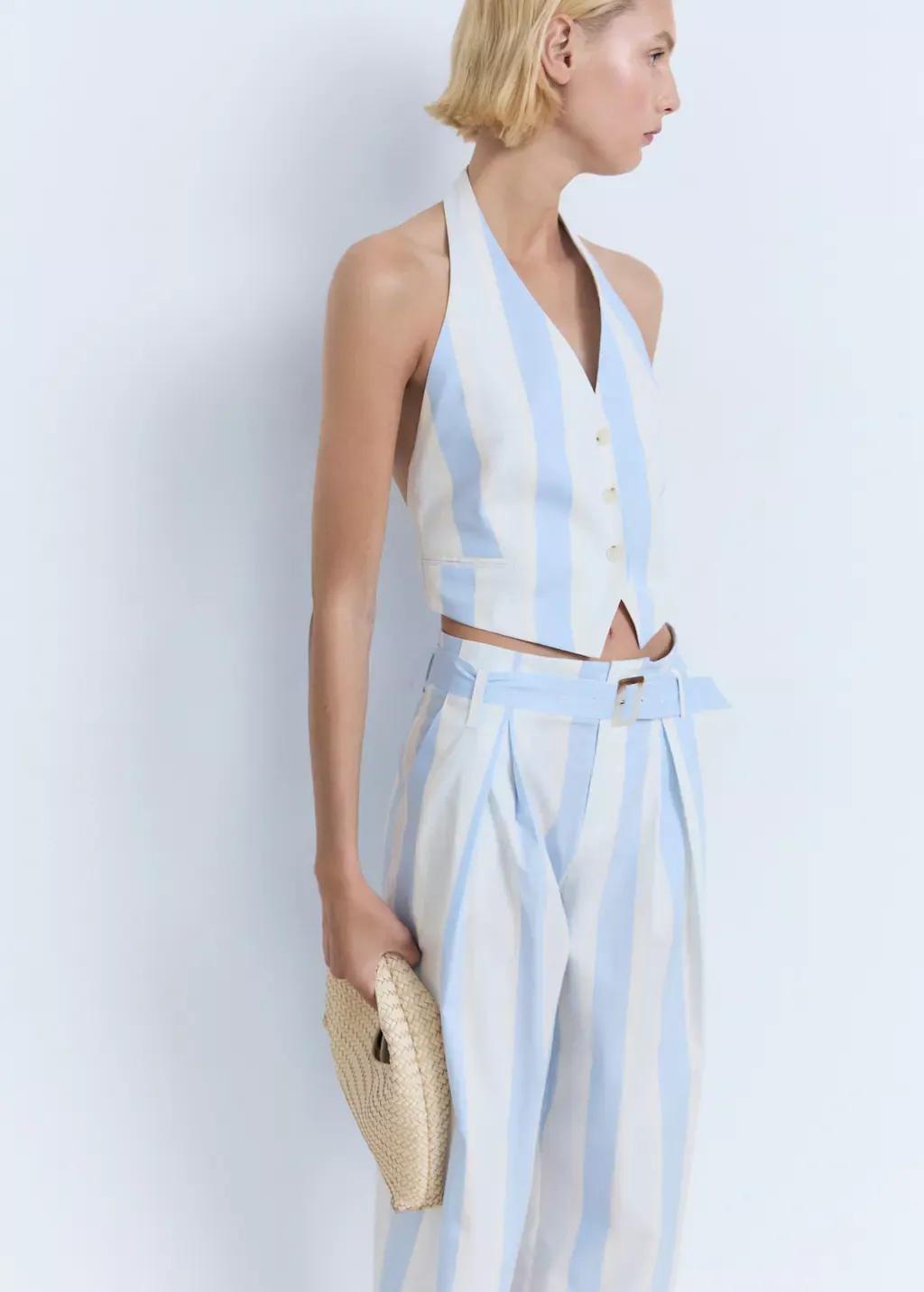 Blue Striped Culotte Trousers With Belt, , large image number 1