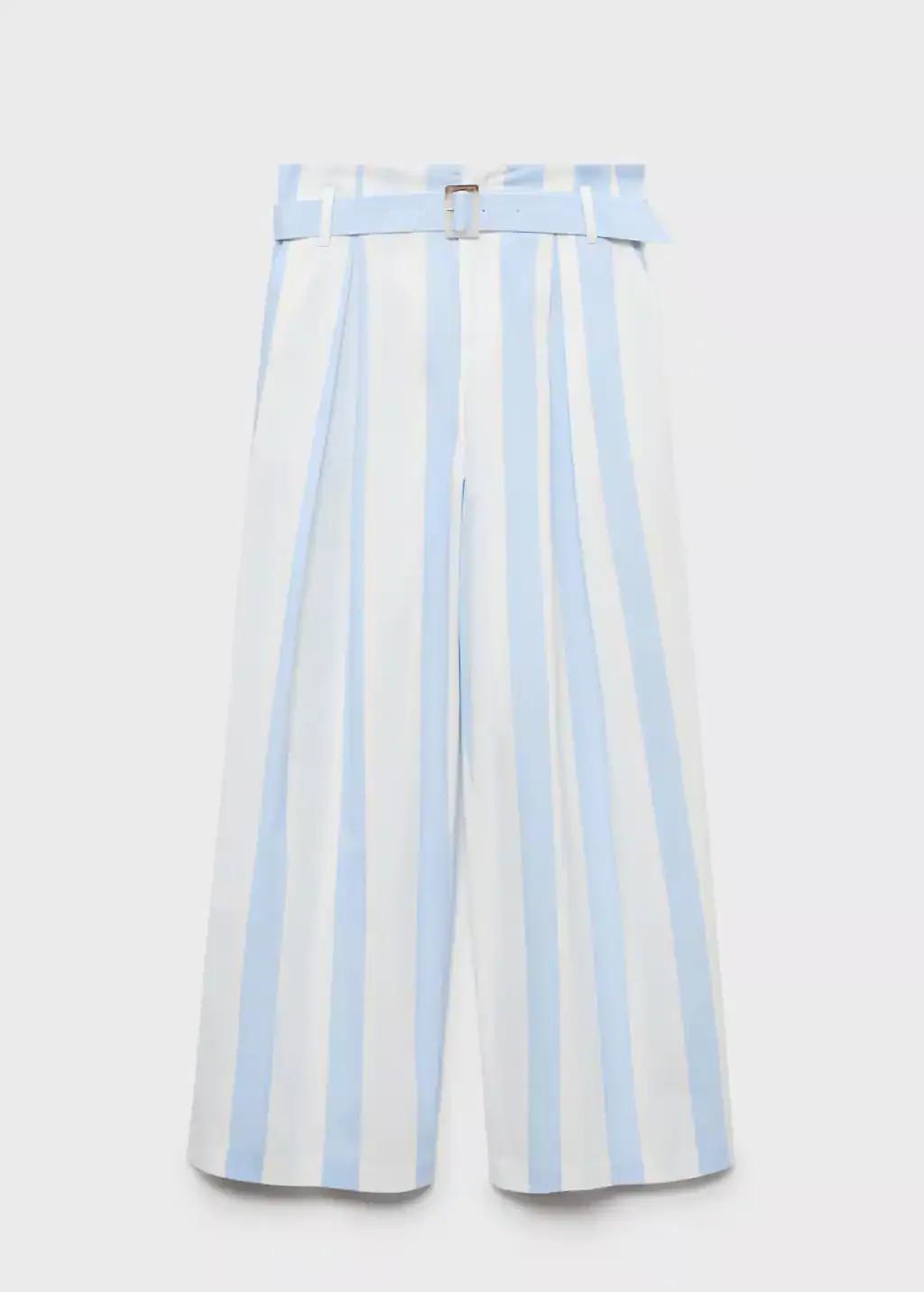 Blue Striped Culotte Trousers With Belt, , large image number 3