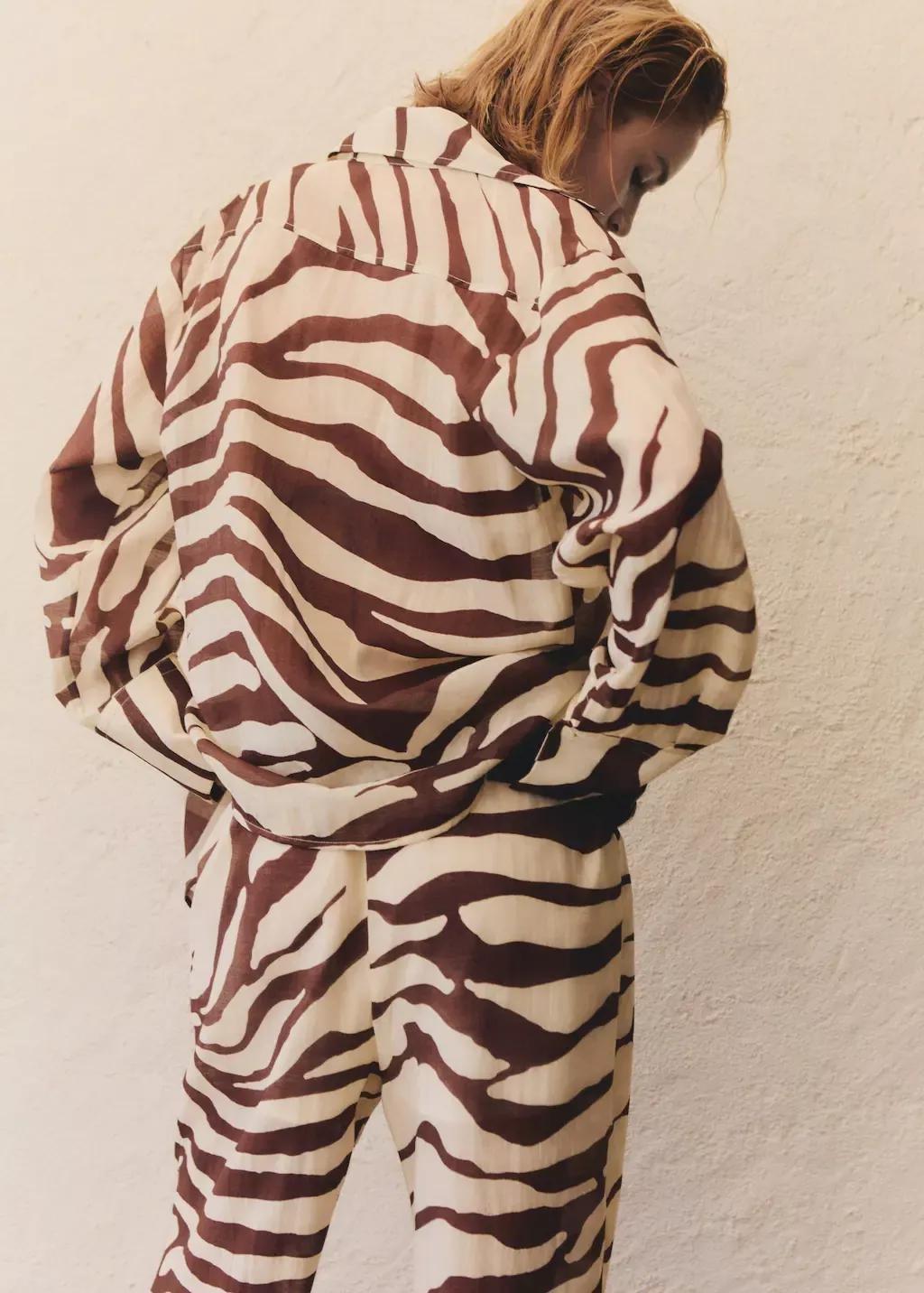 Beige Flowy Zebra Printed Shirt, , large image number 1