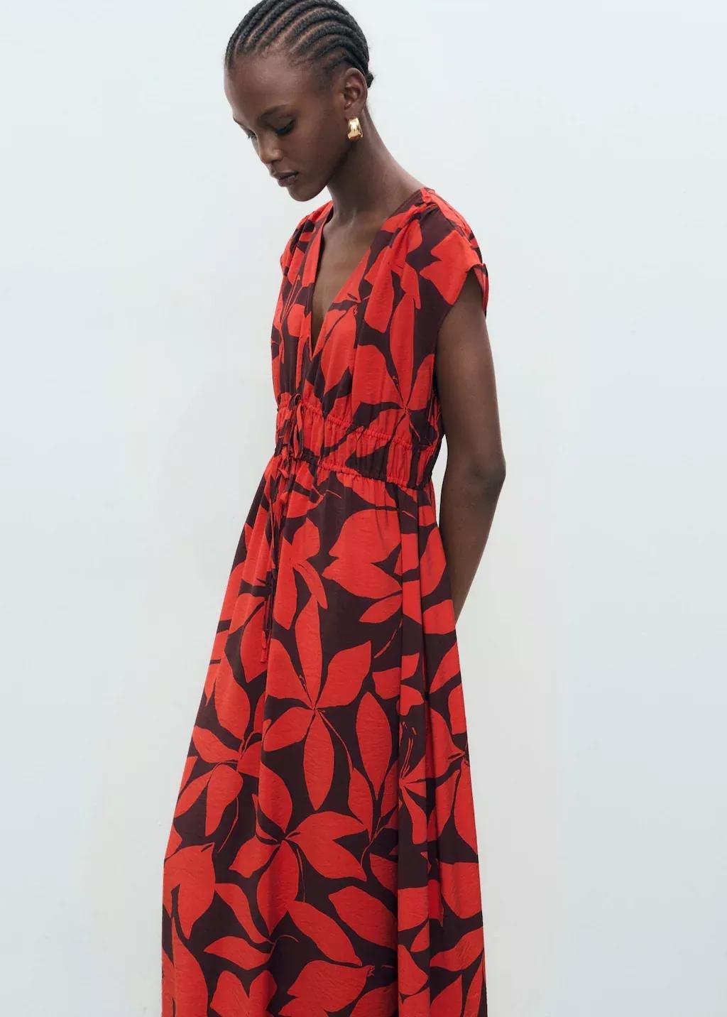 Red Long Printed Dress, , medium