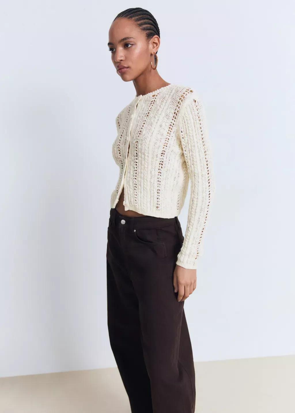 Cream Openwork Knit Cardigan, , large image number 0
