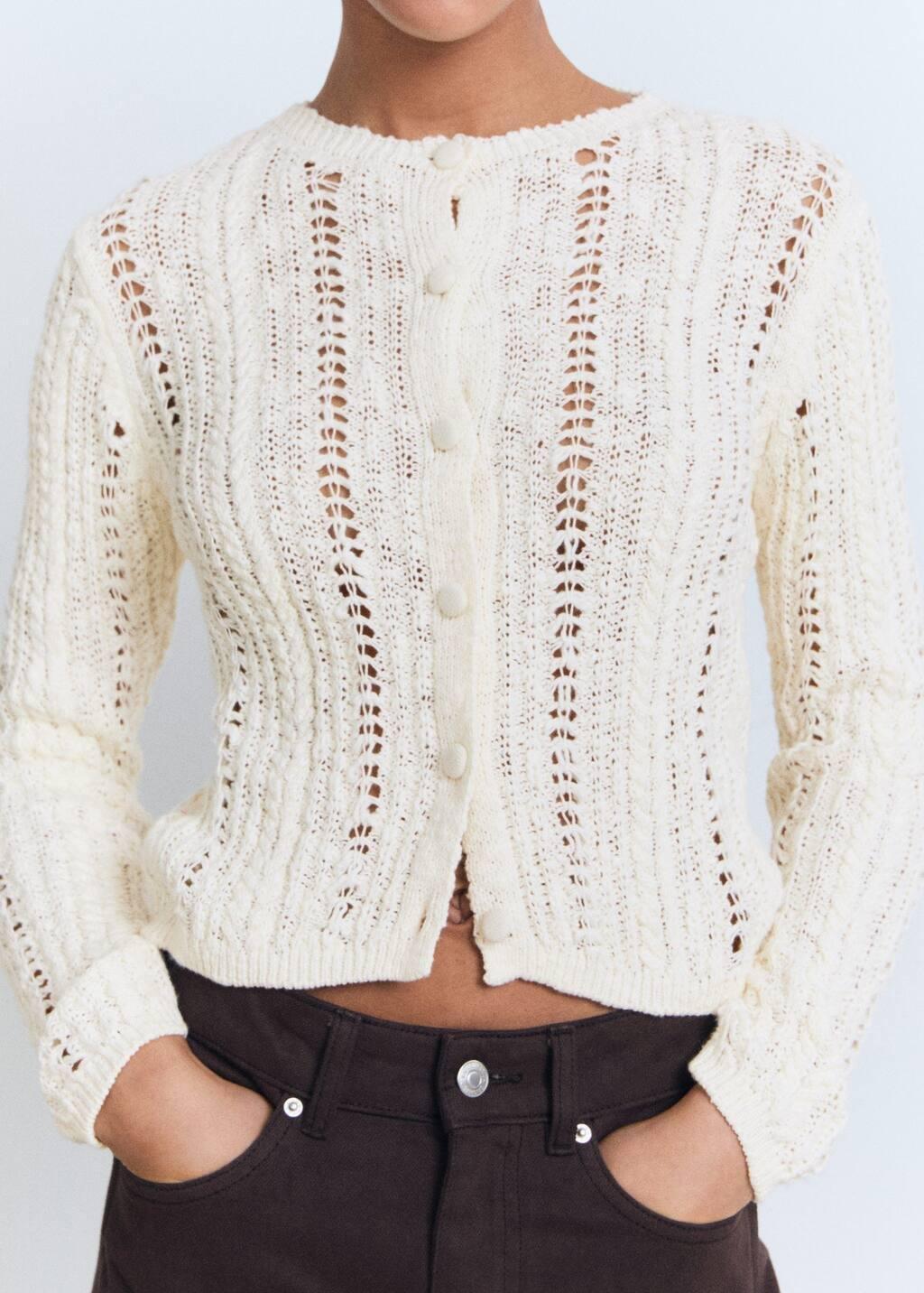Cream Openwork Knit Cardigan, , large image number 2