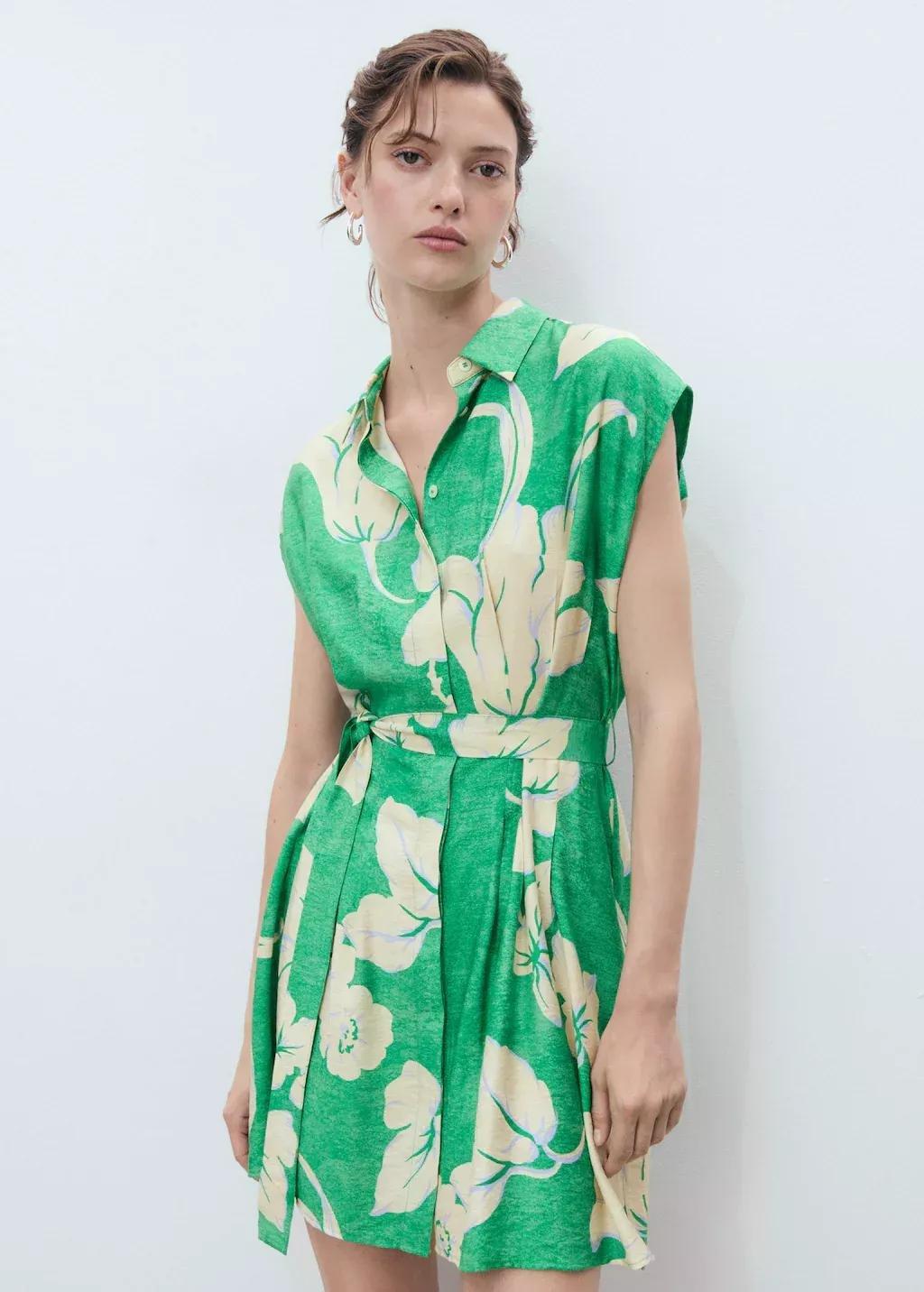 Green Belt Printed Dress, , large image number 0