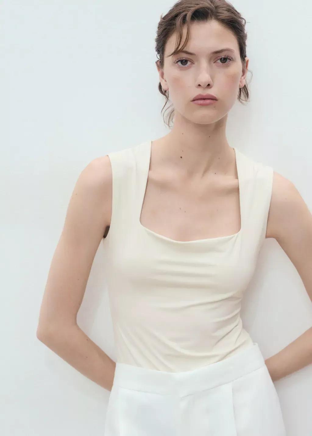 Cream Fitted Top With Wide Straps, , large image number 1