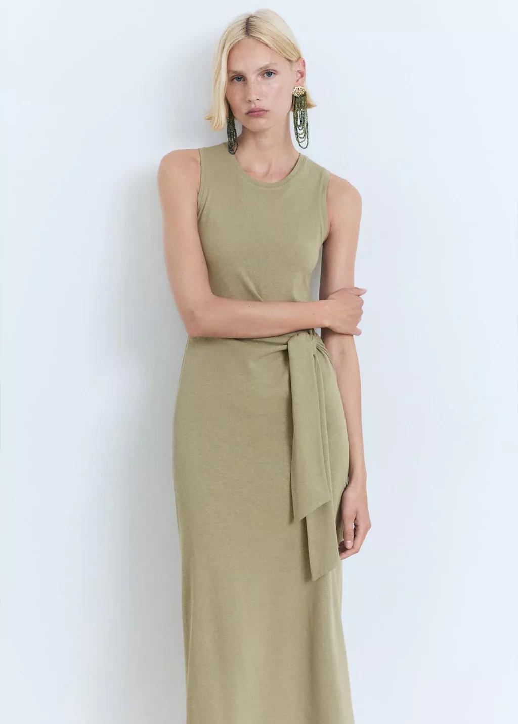 Khaki Cotton Midi-Dress With Knot Detail, , large image number 0