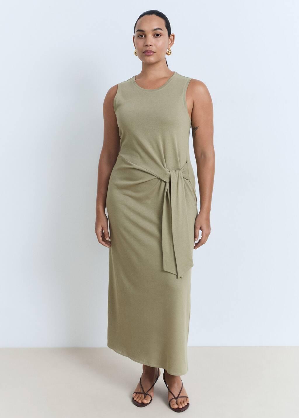 Khaki Cotton Midi-Dress With Knot Detail, , large image number 2