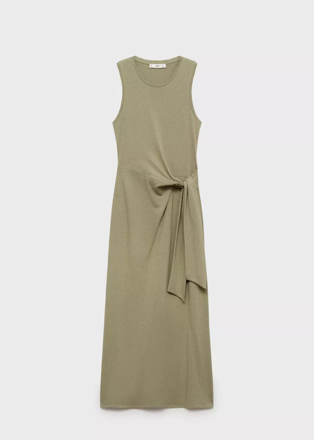Khaki Cotton Midi-Dress With Knot Detail, , large image number 3