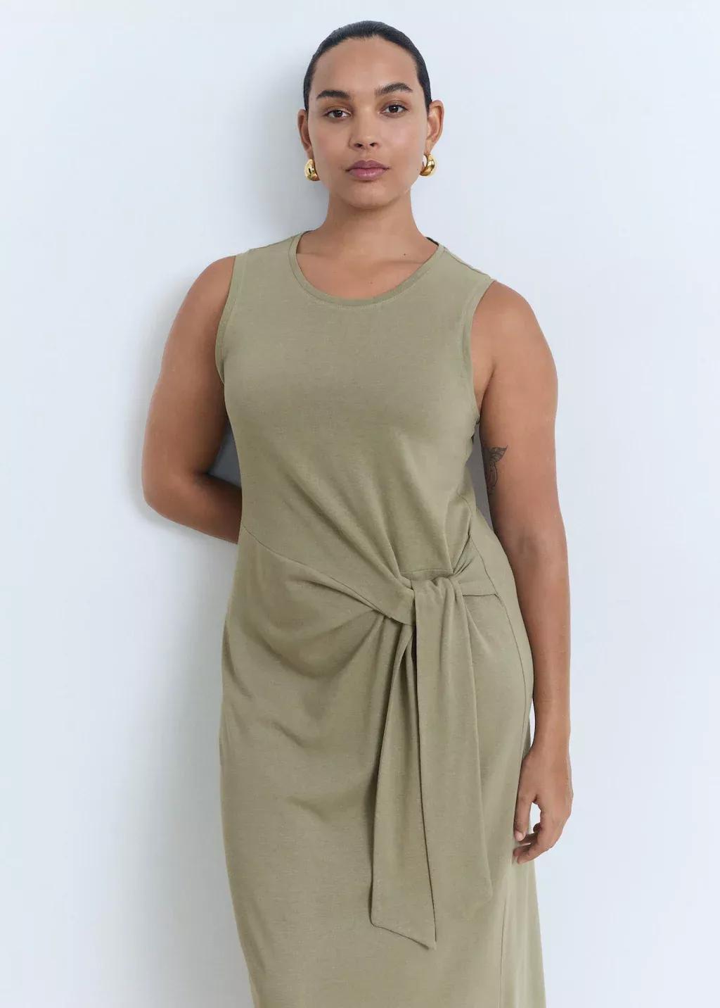 Khaki Cotton Midi-Dress With Knot Detail, , large image number 5