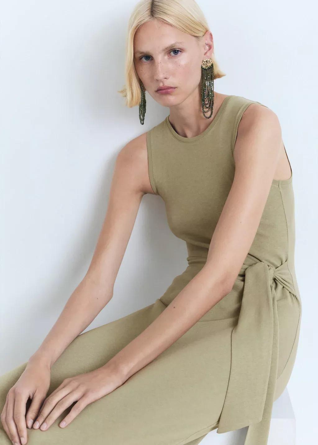 Khaki Cotton Midi-Dress With Knot Detail, , large image number 6