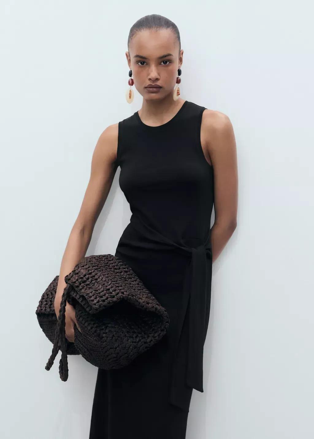 Black Cotton Midi-Dress With Knot Detail, , large image number 0