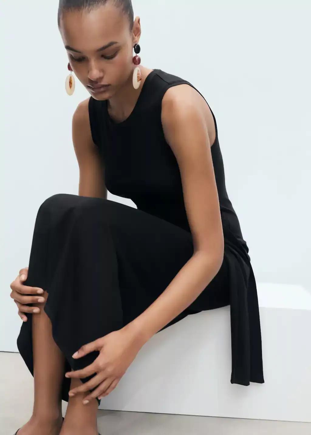 Black Cotton Midi-Dress With Knot Detail, , large image number 2