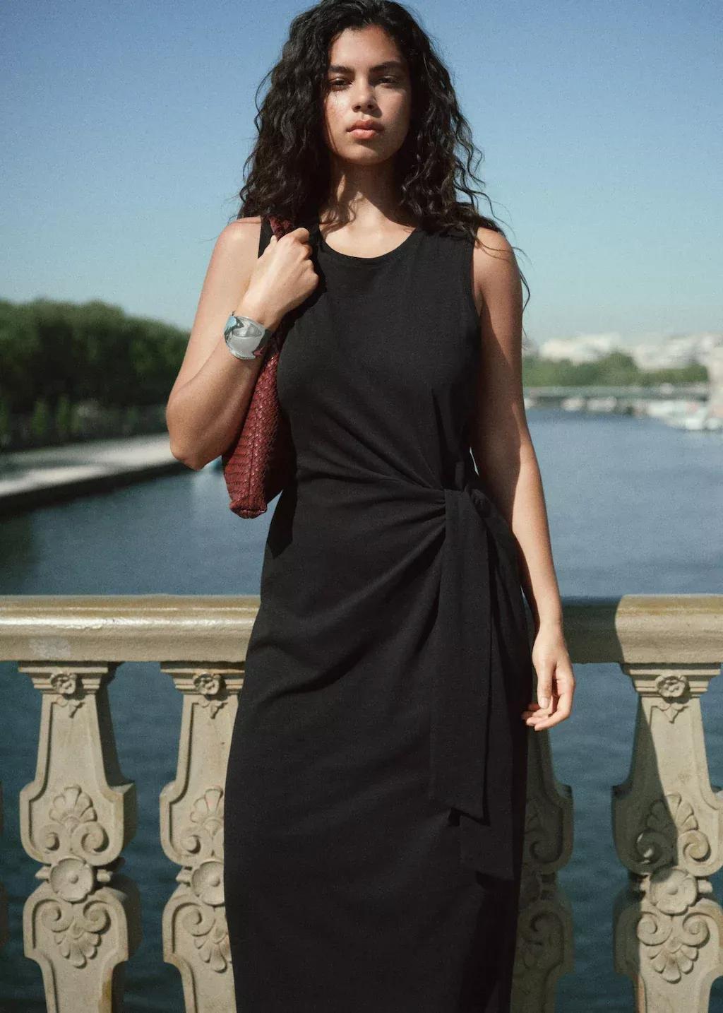 Black Cotton Midi-Dress With Knot Detail, , large image number 4