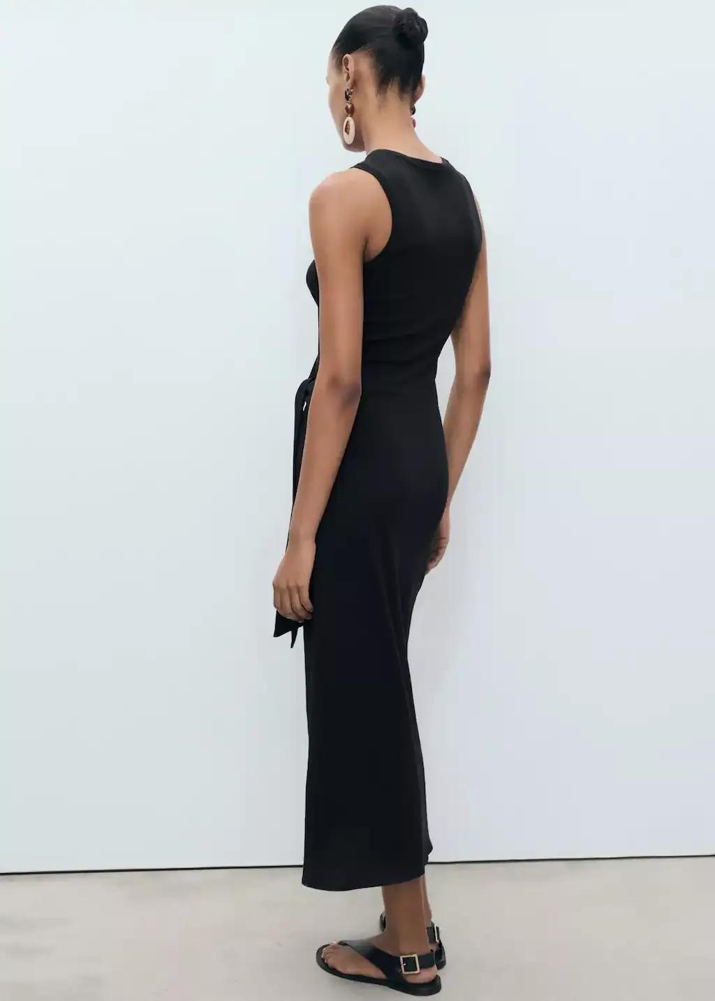 Black Cotton Midi-Dress With Knot Detail, , large image number 6