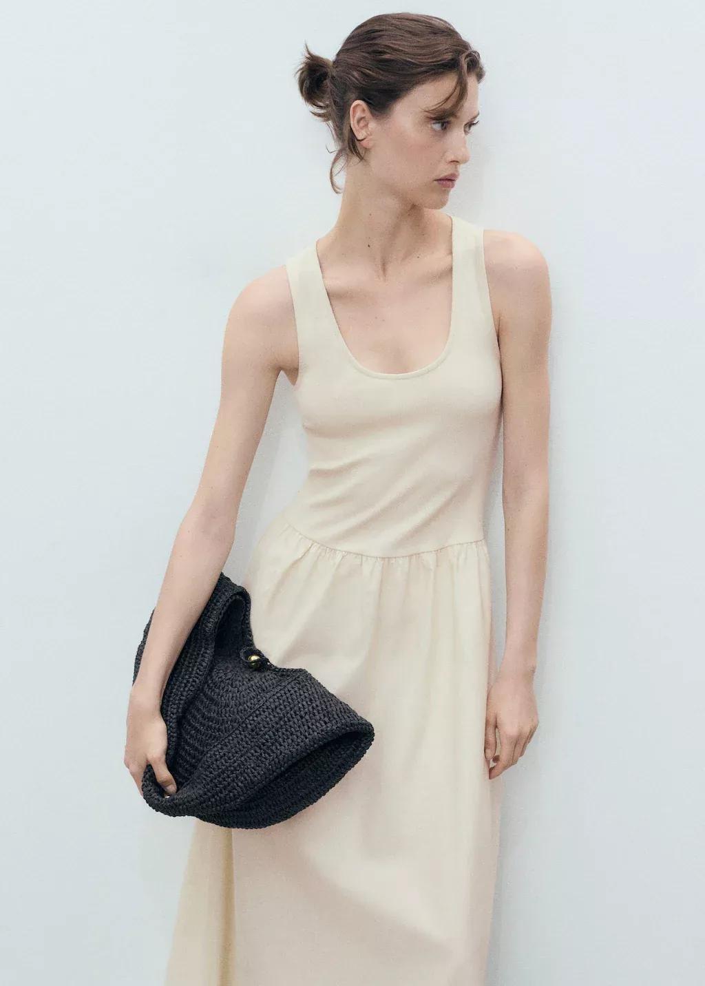 Beige Flared Dress In Combined Fabric, Light Beige, large image number 1