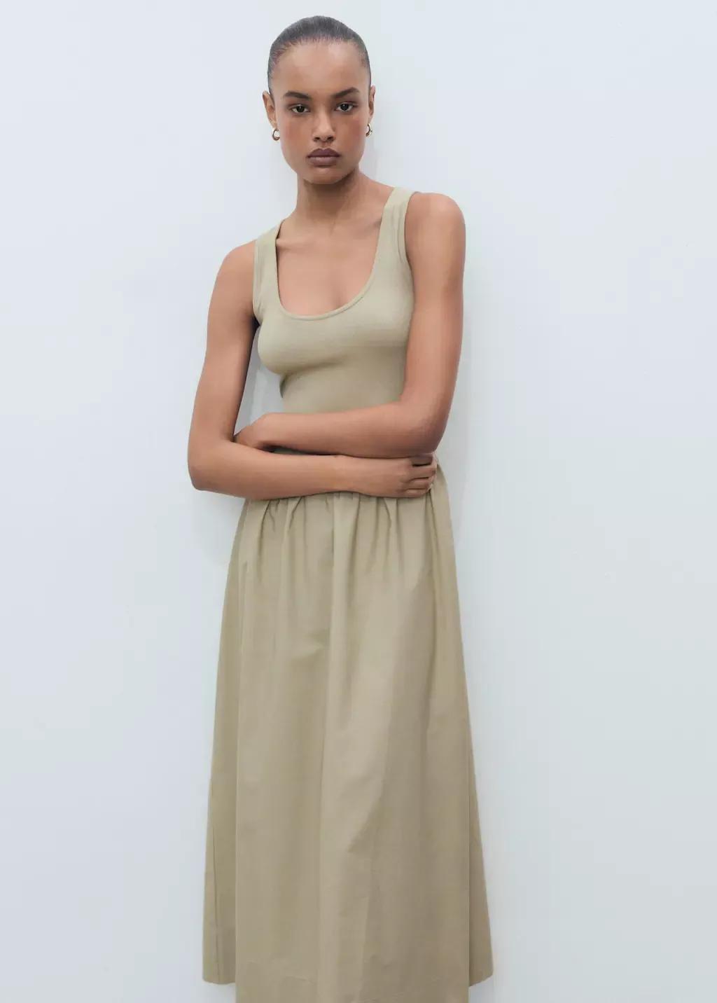 Khaki Flared Dress In Combined Fabric, , large image number 0