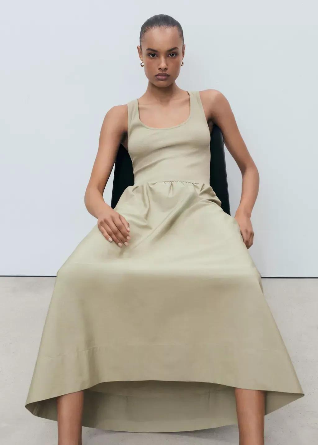 Khaki Flared Dress In Combined Fabric, , large image number 2