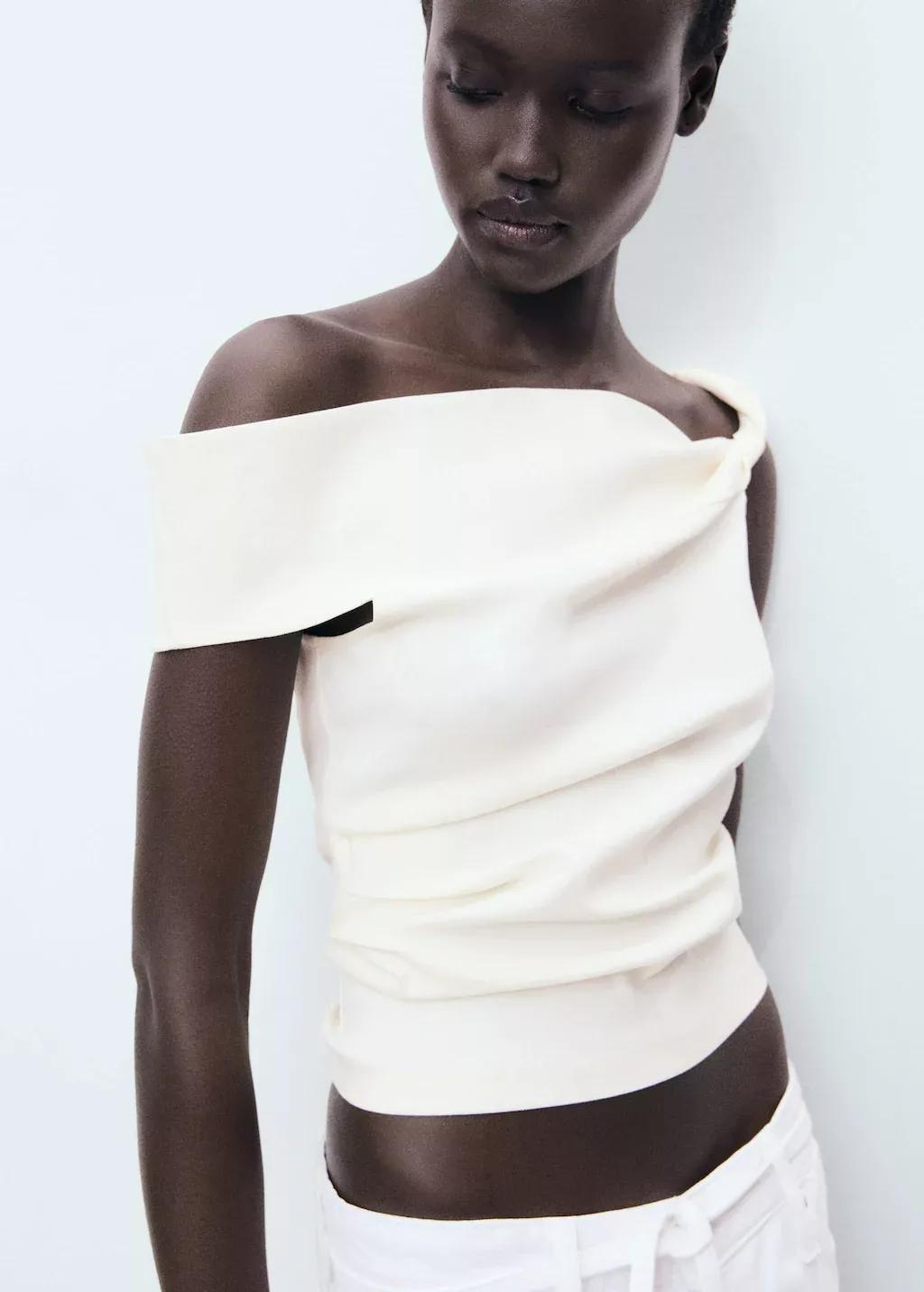 Cream Asymmetrical Strapless Top, , large image number 0
