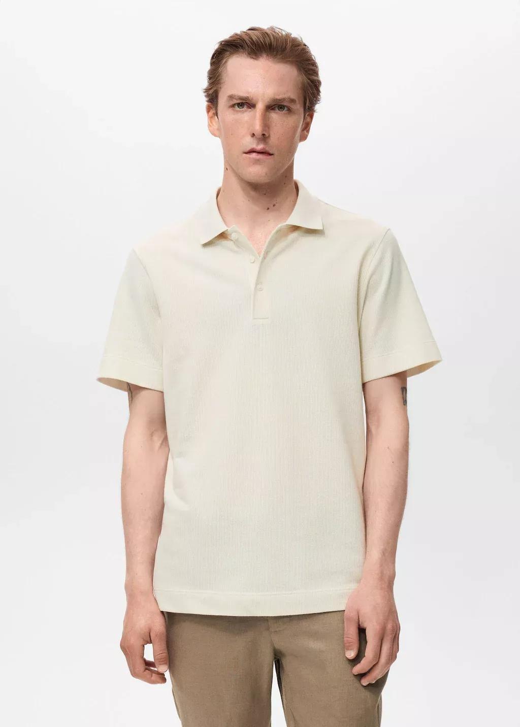 Cream Fine Rib-Knit Polo Shirt, , large image number 0