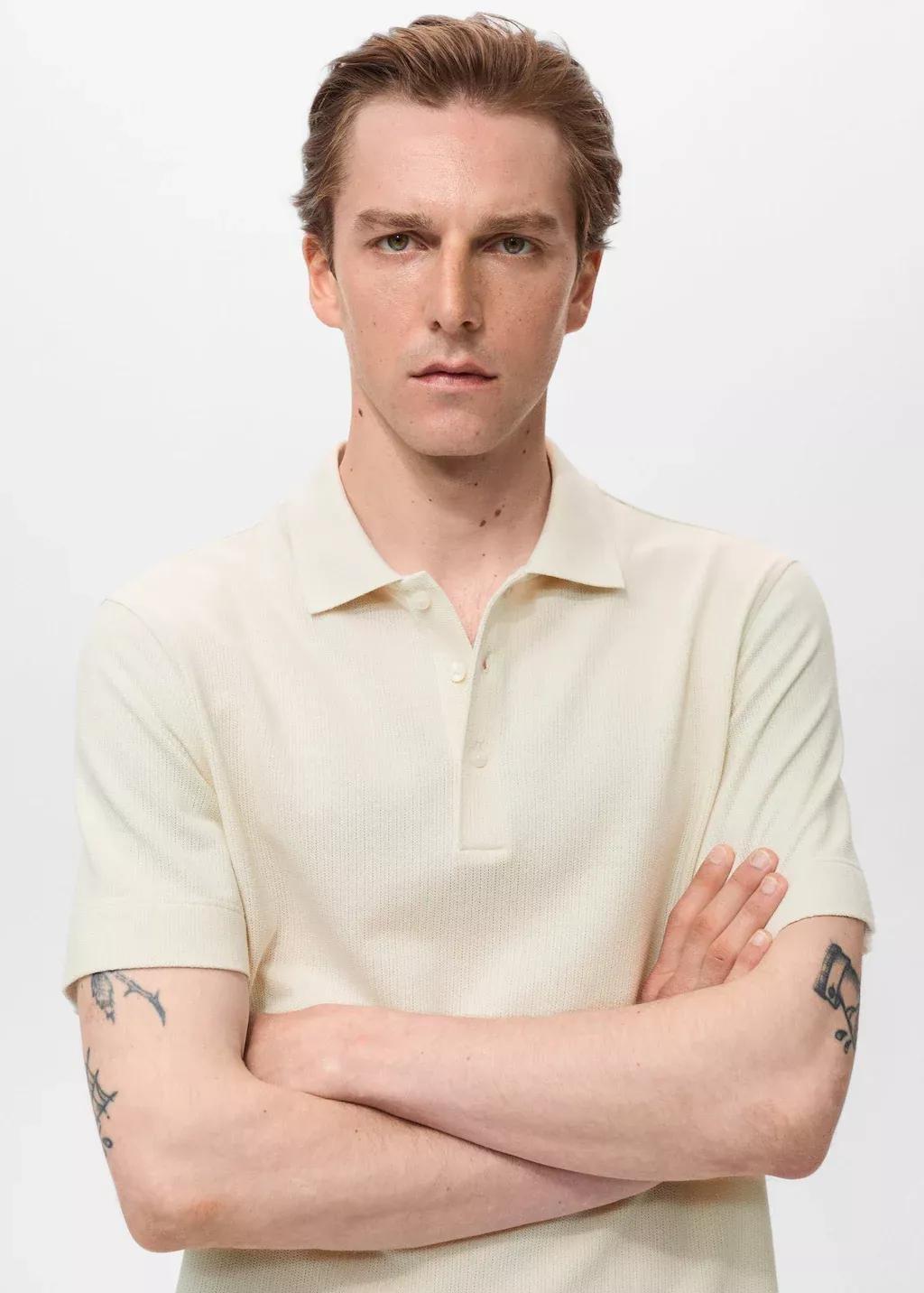 Cream Fine Rib-Knit Polo Shirt, , large image number 1