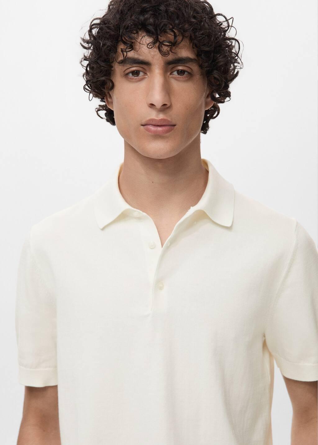 Cream Cotton Fine-Knit Polo Shirt, , large image number 1