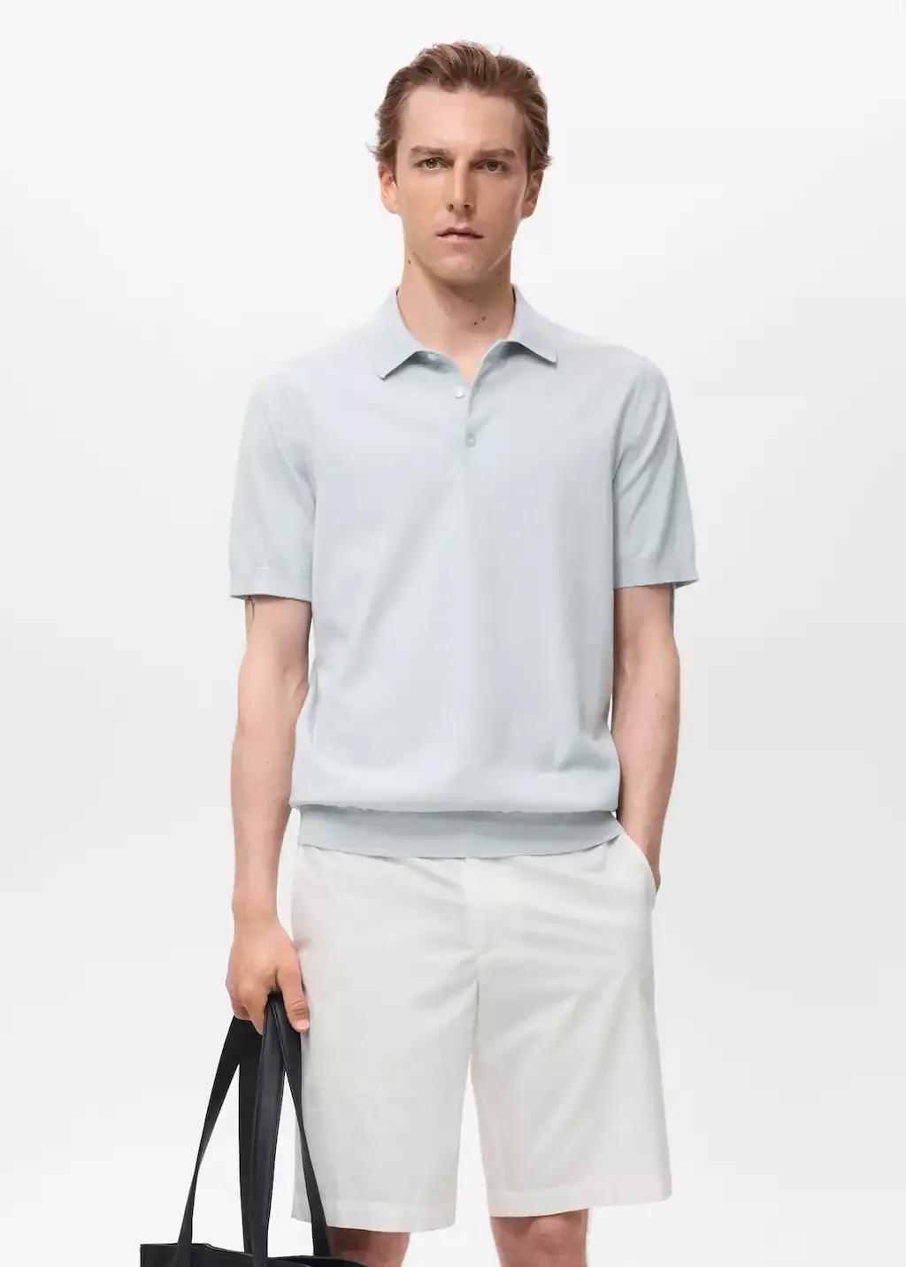 Blue Cotton Fine-Knit Polo Shirt, , large image number 0
