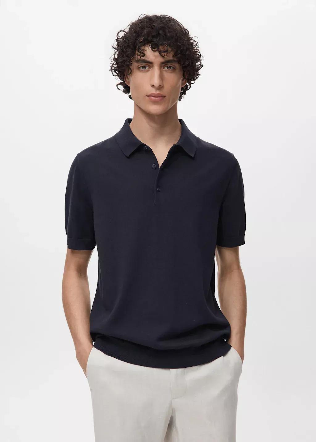 Navy Cotton Fine-Knit Polo Shirt, , large image number 0