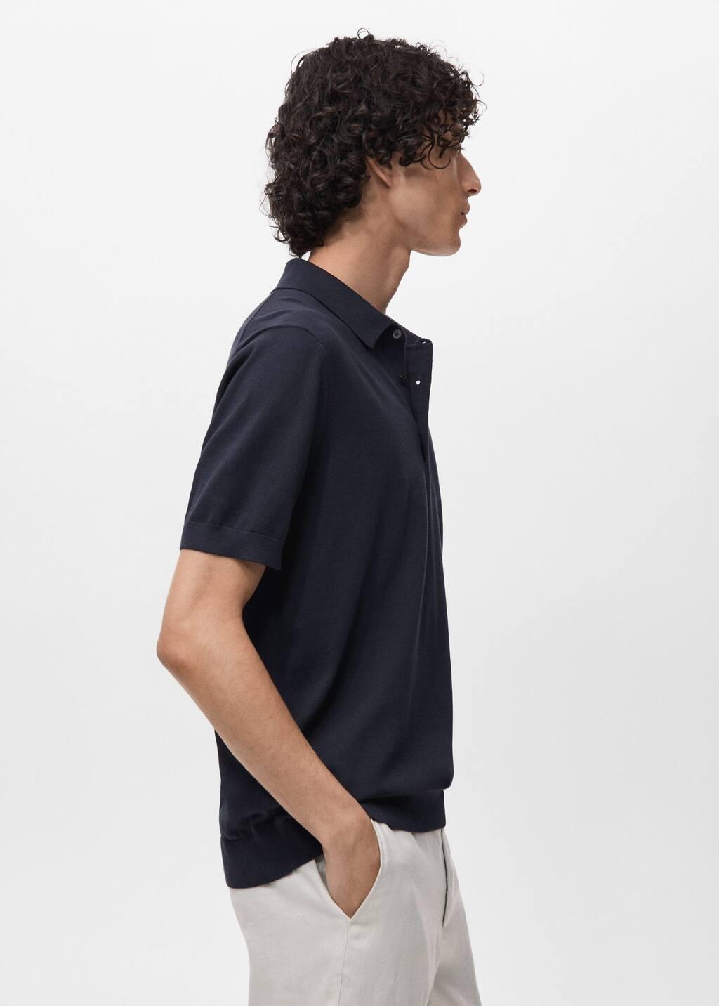 Navy Cotton Fine-Knit Polo Shirt, , large image number 2