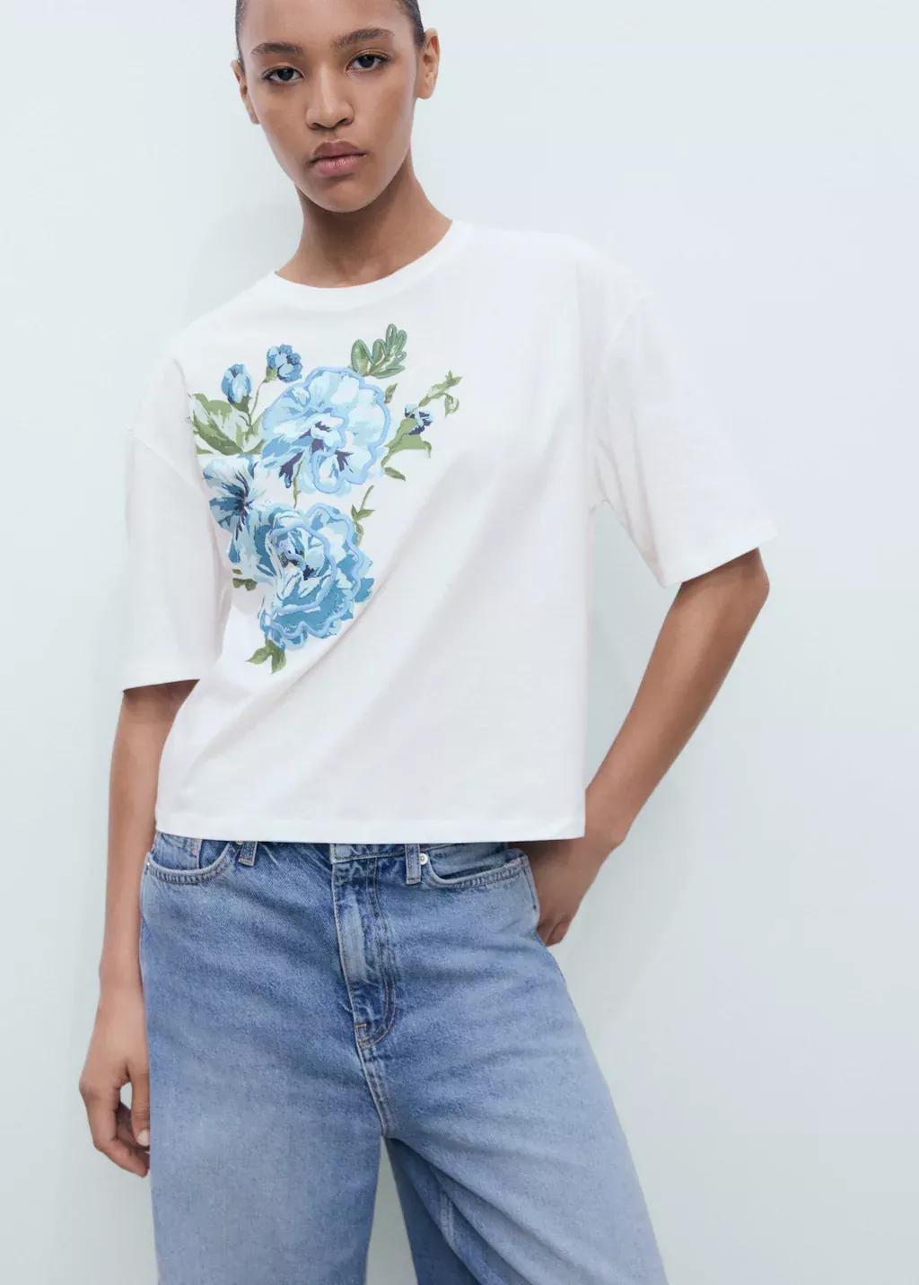 White Floral-Print Cotton T-Shirt, , large image number 1