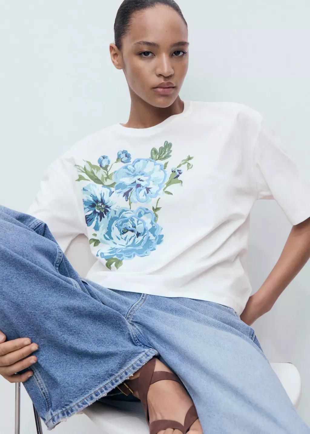 White Floral-Print Cotton T-Shirt, , large image number 3
