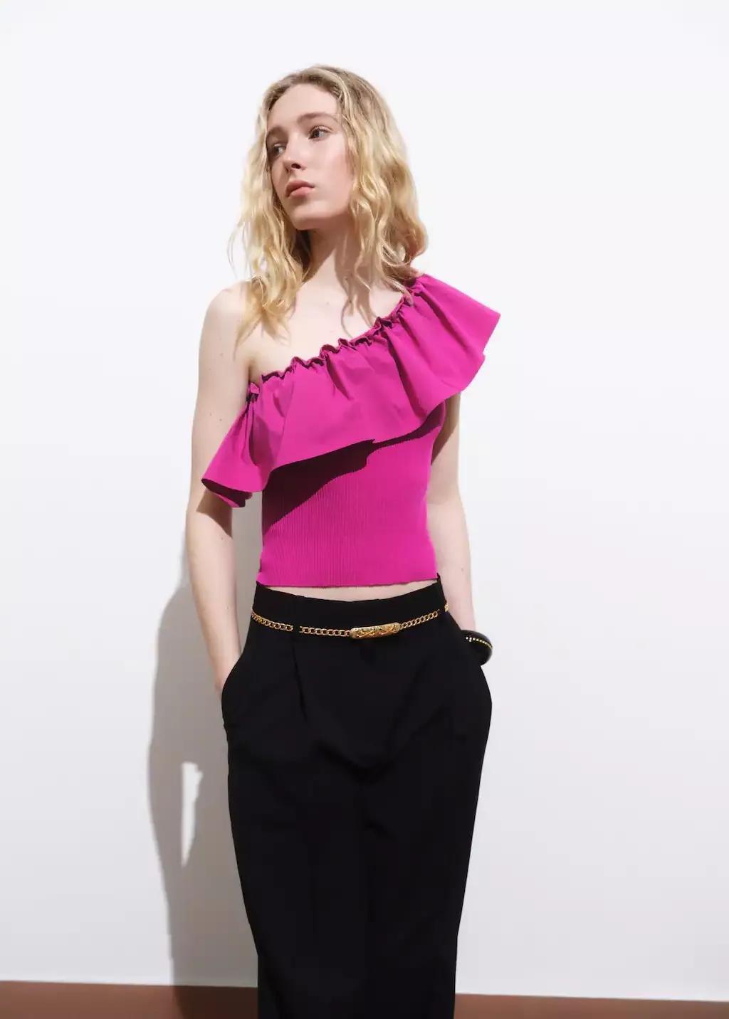 Pink Asymmetrical Top In Combined Fabric, , large image number 0