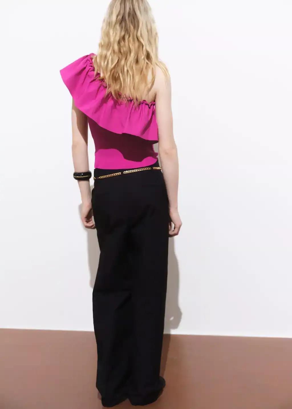 Pink Asymmetrical Top In Combined Fabric, , large image number 4