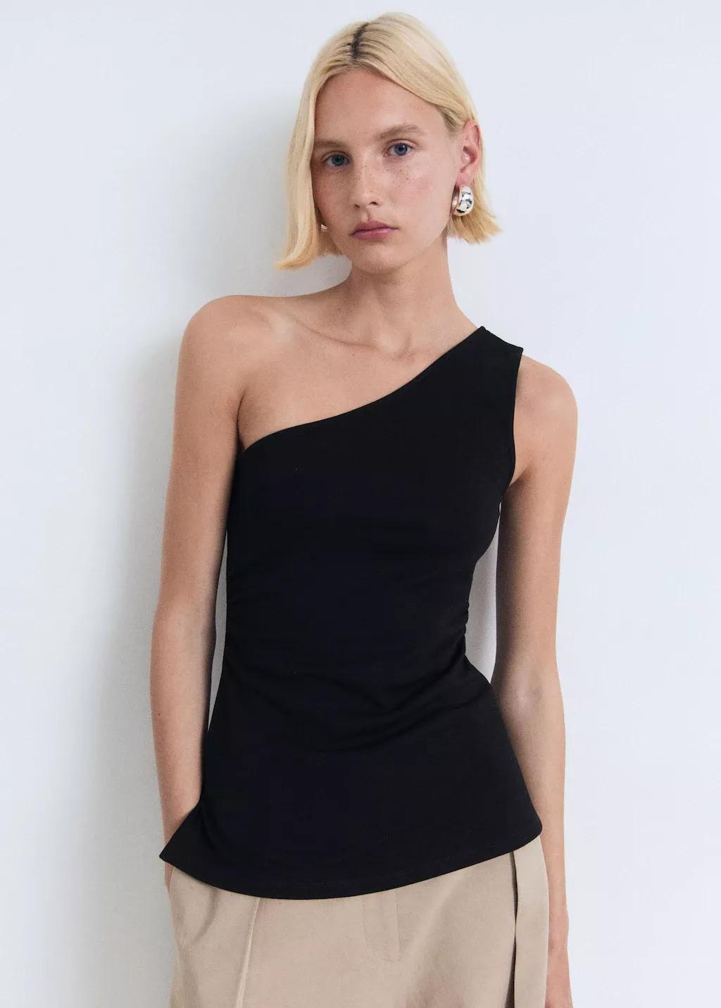 Black Asymmetrical Draped Top, , large image number 0