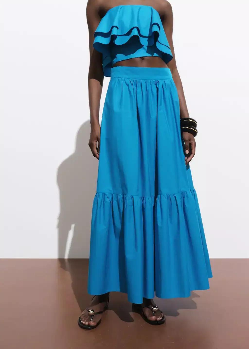 Blue Long Gathered Skirt, , large image number 0