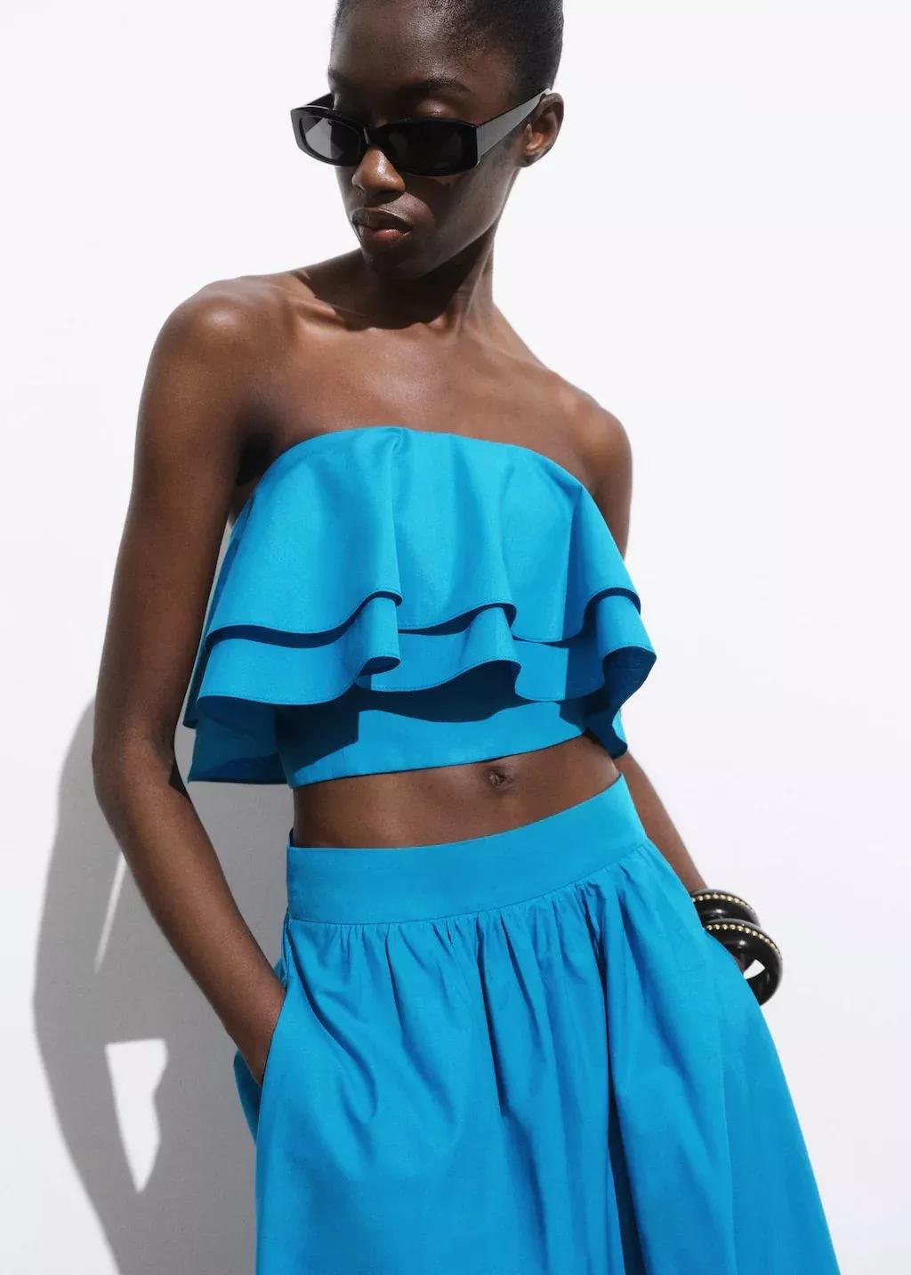 Blue Strapless Top With Ruffles, , large image number 0