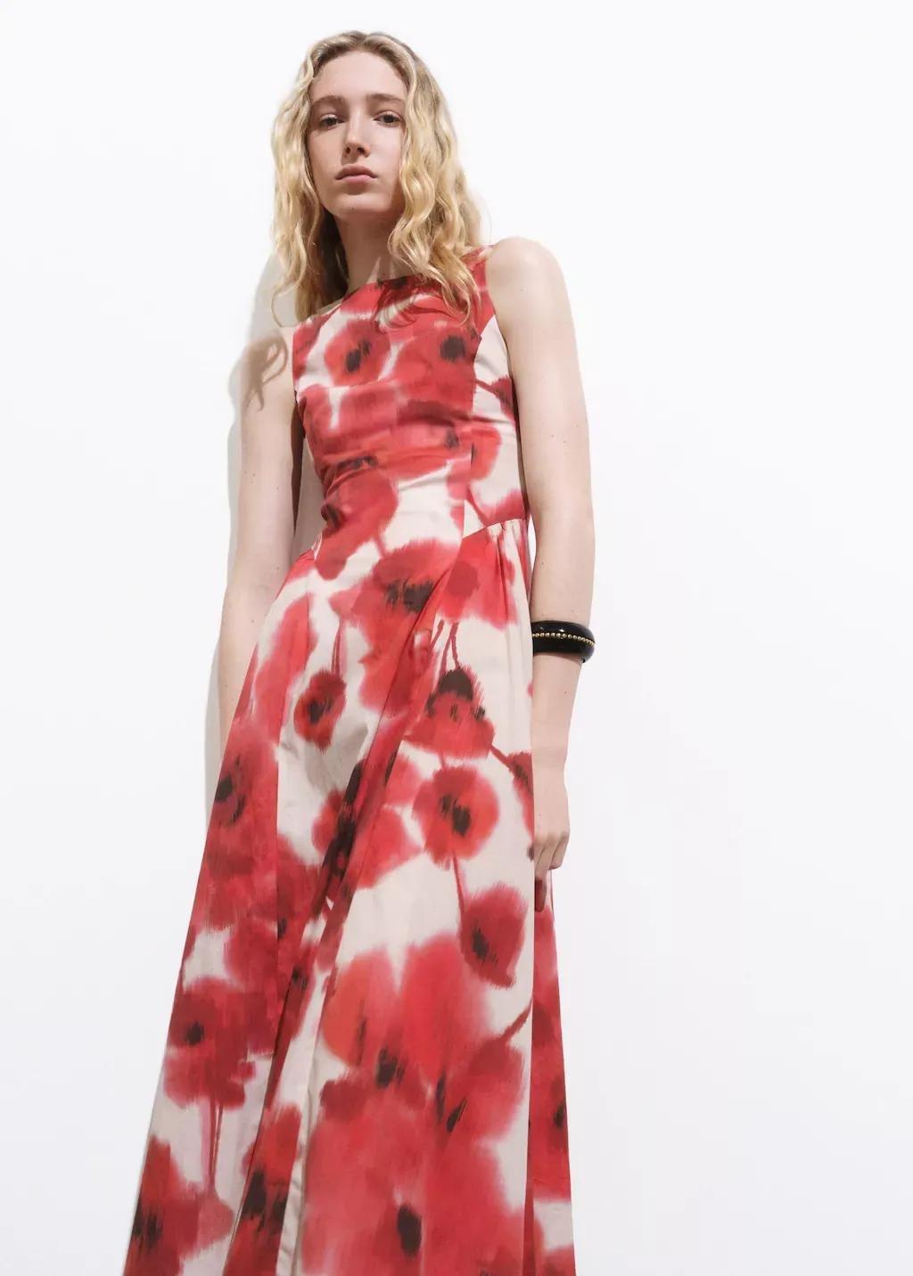 Red Floral-Print Flared Dress, , large image number 0