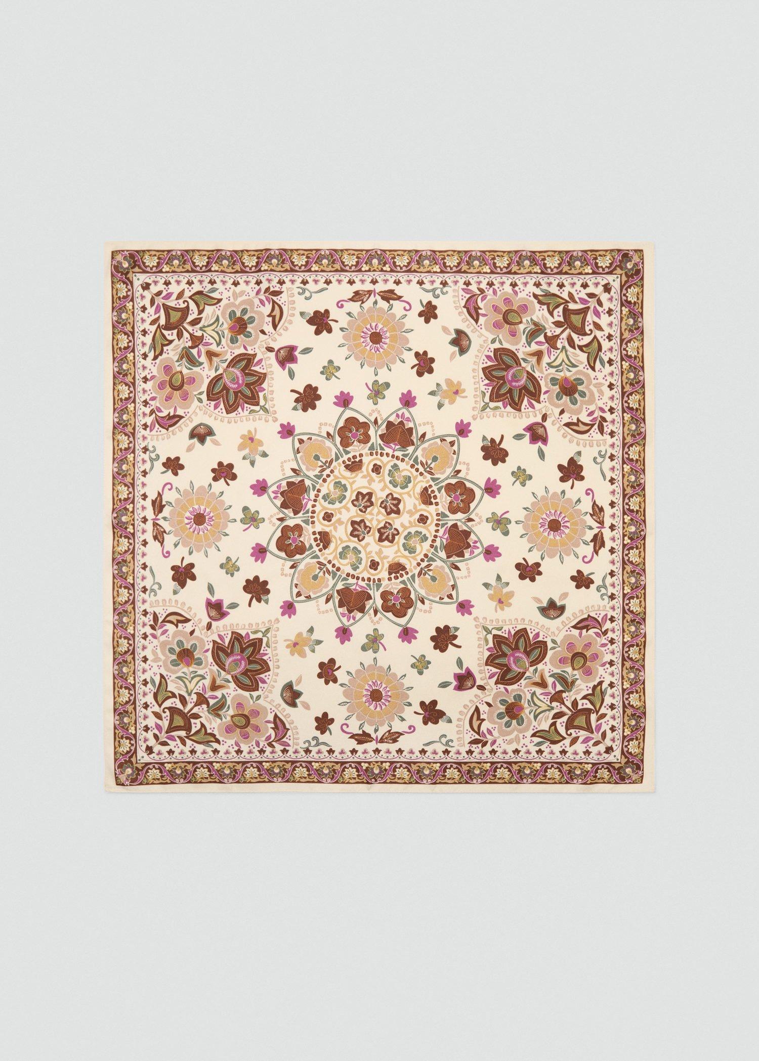 Cream Floral Satin Scarf, Light Beige, large image number 1
