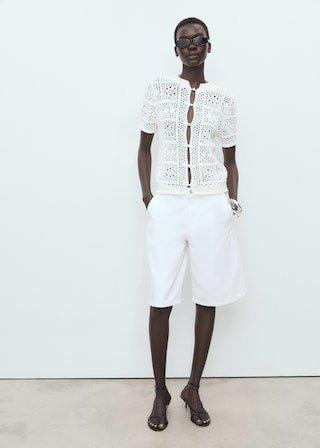 White Short Sleeve Crochet Cardigan, White, medium