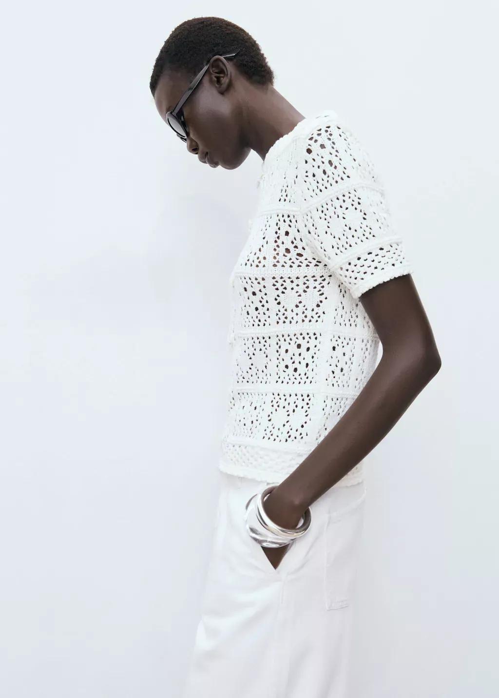 White Short Sleeve Crochet Cardigan, White, medium