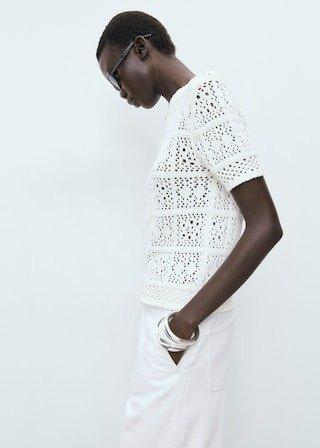 White Short Sleeve Crochet Cardigan, White, medium