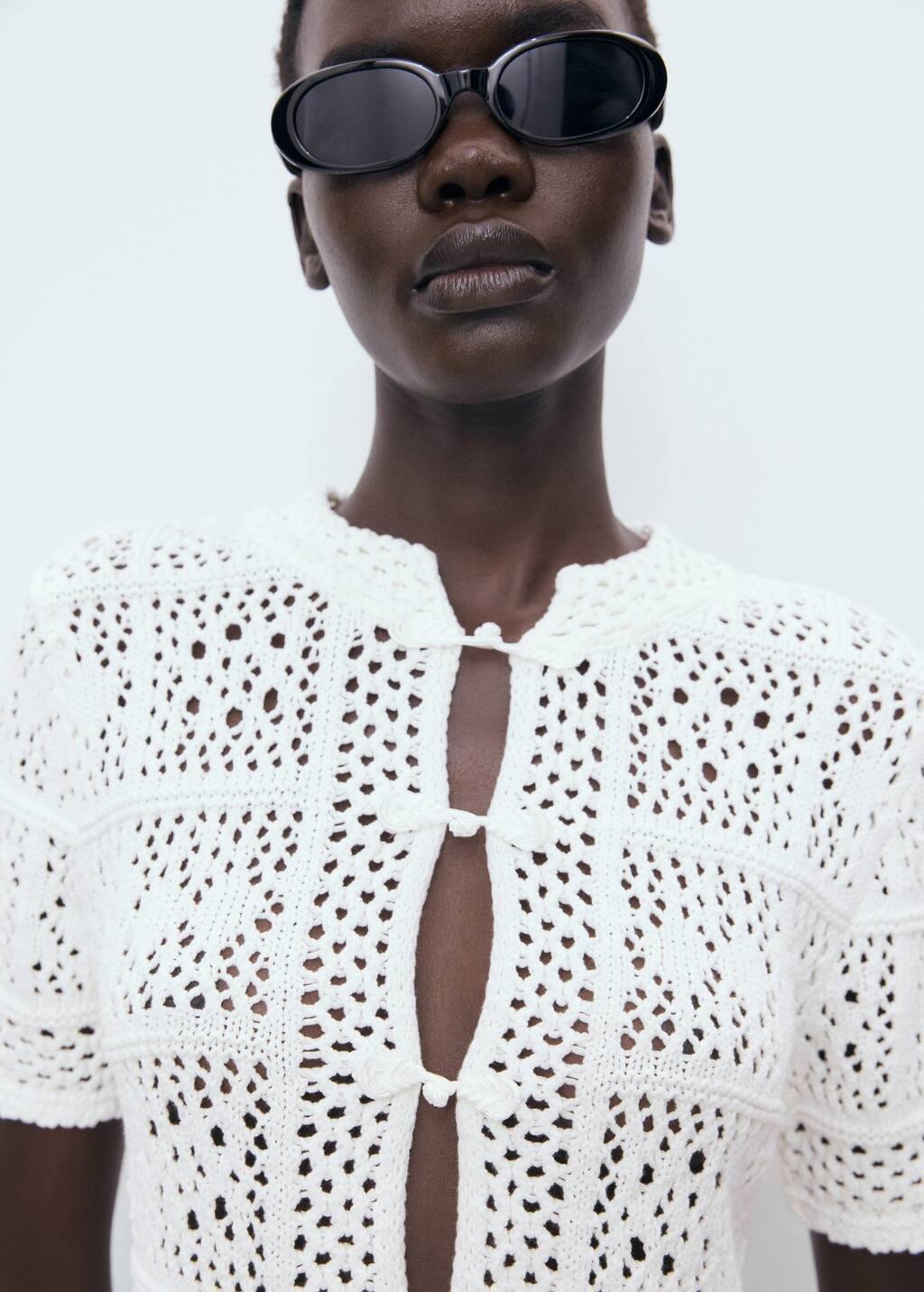 White Short Sleeve Crochet Cardigan, , large image number 3