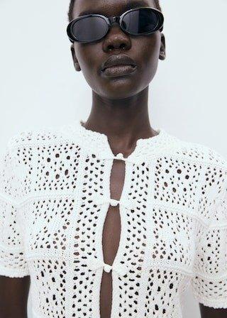 White Short Sleeve Crochet Cardigan, White, large image number 8