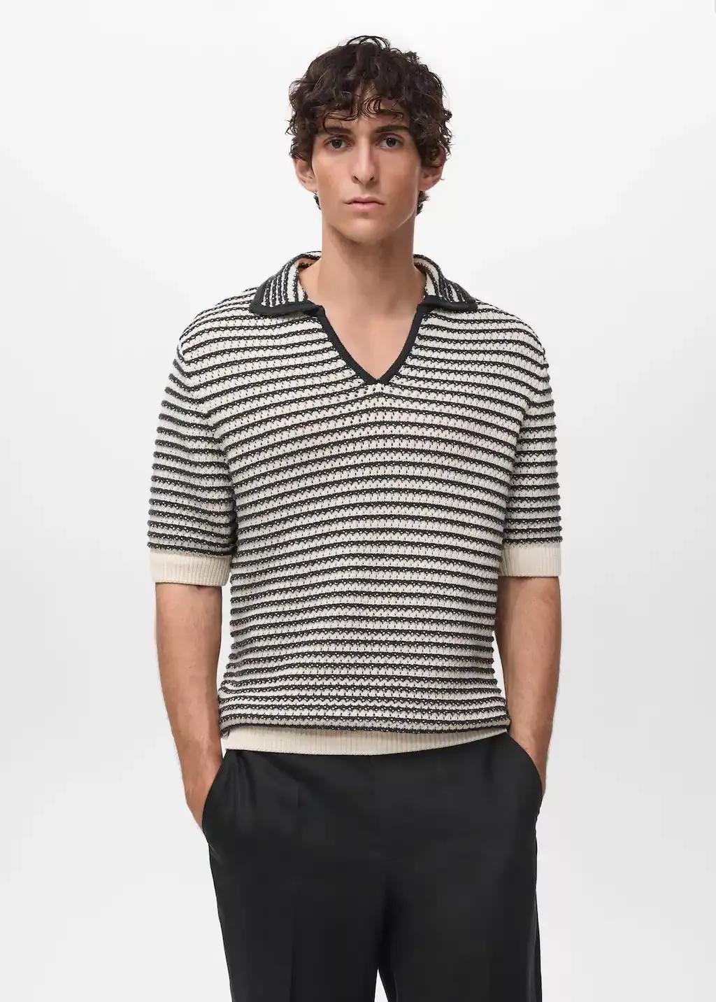 BLACK 100% cotton polo shirt with striped structure, , large image number 1