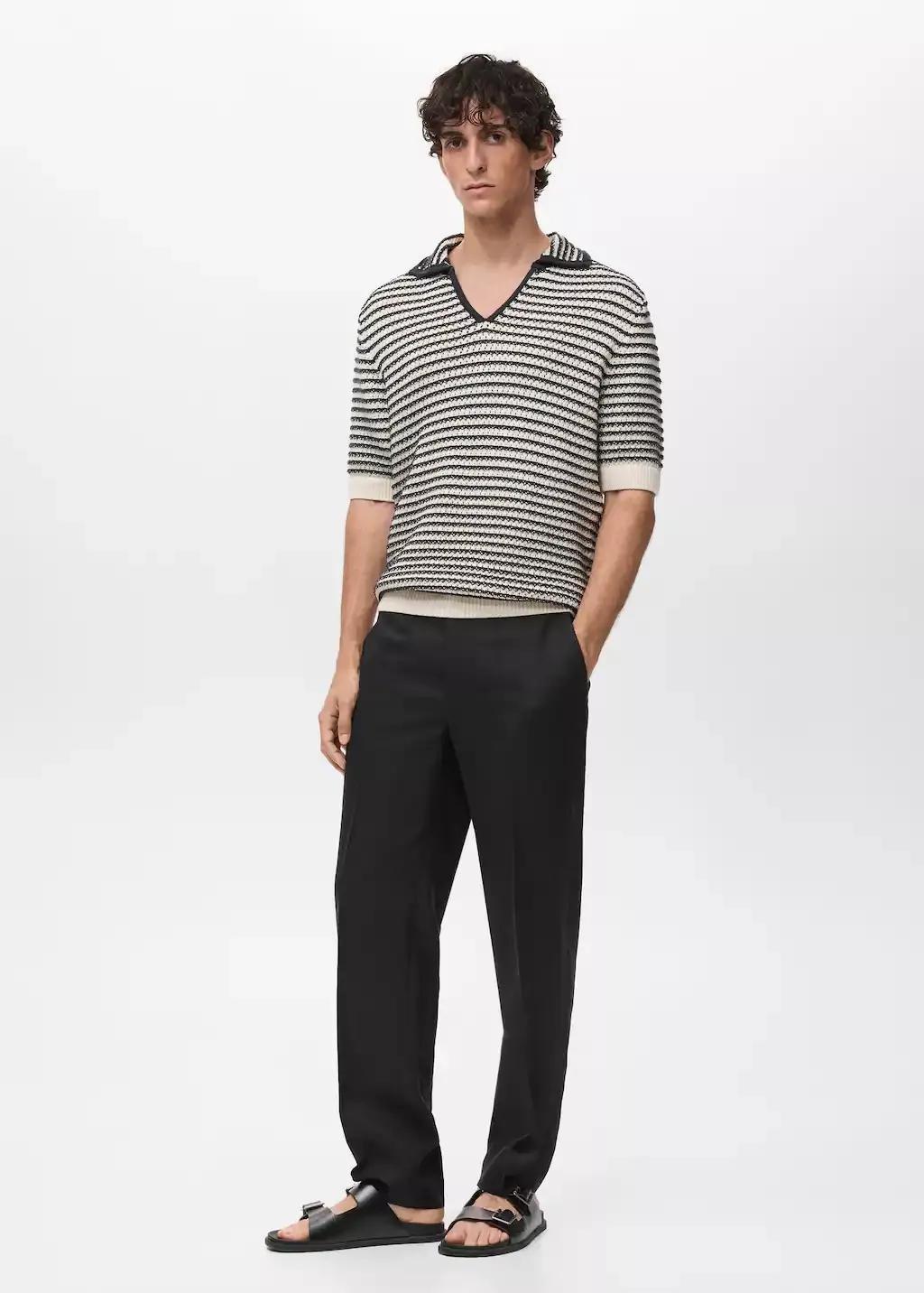 BLACK 100% cotton polo shirt with striped structure, , large image number 5
