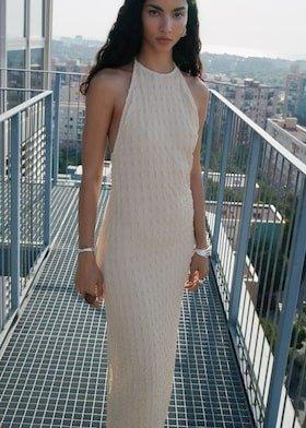 Beige Halter-Neck Crepe Dress, , large image number 3