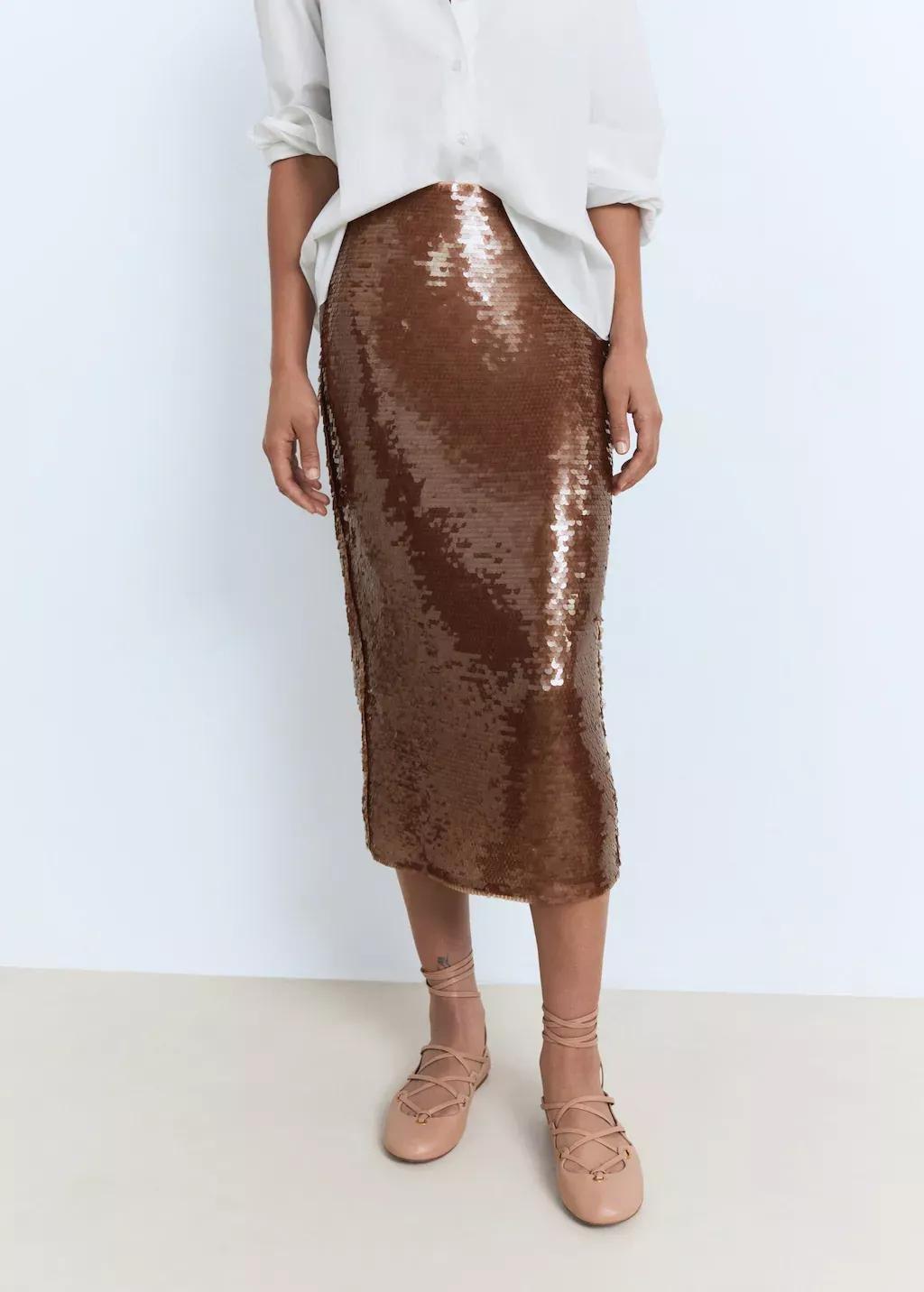 Brown Sequinned Midi-Skirt, Brown, medium